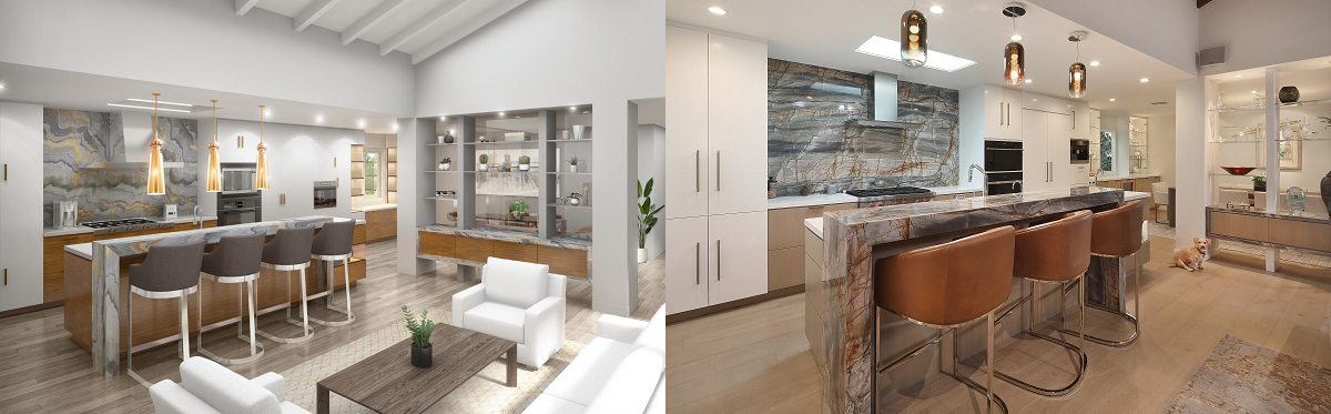 River Lane Project - architectural rendering on left and finished result on right - Architectural Renderings - Dean Larkin Design