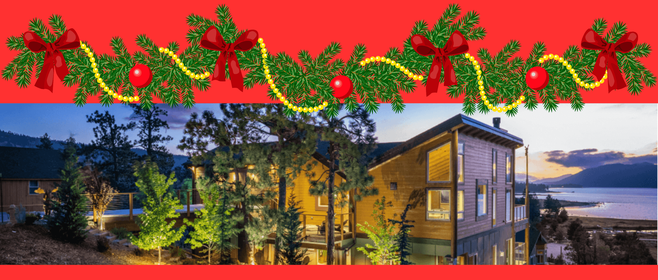 image of Eagle Lake project embellished with a holiday garland and red borders on top and bottom - holiday decor for all architectural roofline styles - Dean Larkin Design