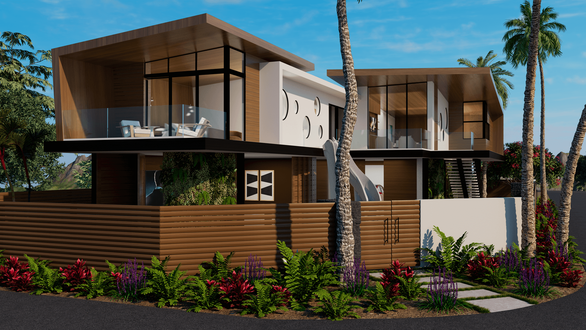 Front angle image of home with no fence - Hawaii project by Dean Larkin Design