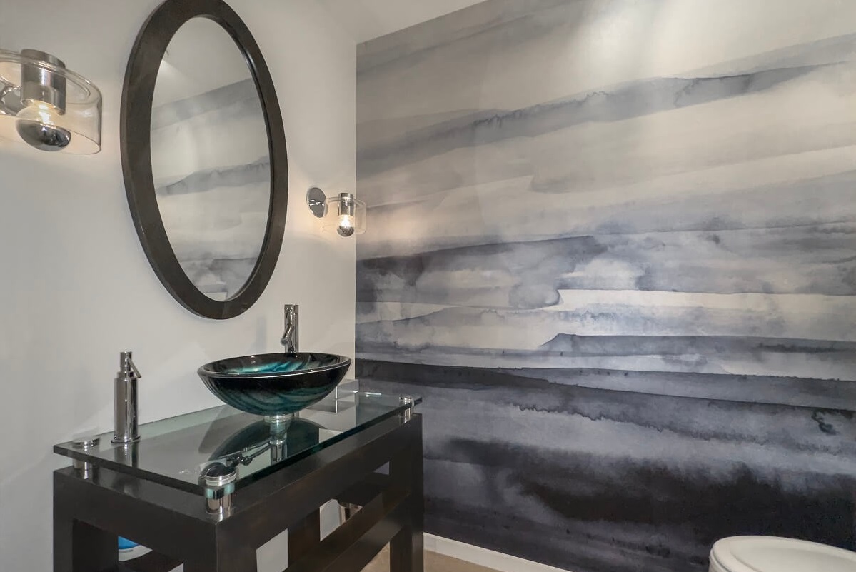 powder room with mural in shades of blue and gray with bowl sink | River Lane Project | Dean Larkin Design