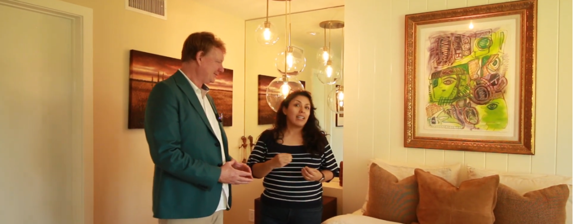 Designer Liceth and Dean Larkin speaking in primary bedroom of the River Lane architecture project - Dean Larkin Design